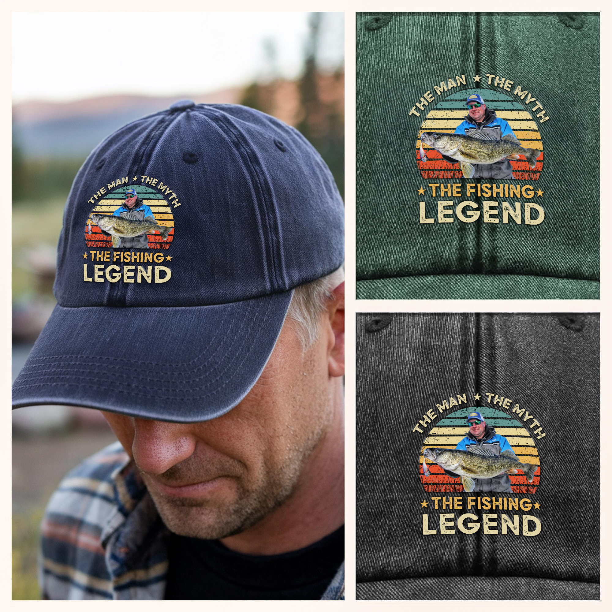 Custom Photo The Fishing Legend Washed Denim Baseball Cap Ha75 BMUW2