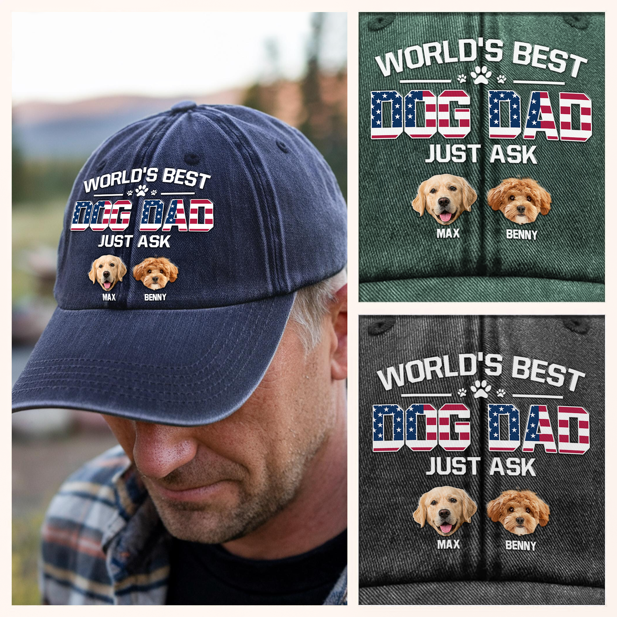Custom Photo American Best Dog Dad Washed Denim Baseball Cap Ha75 JRYFA