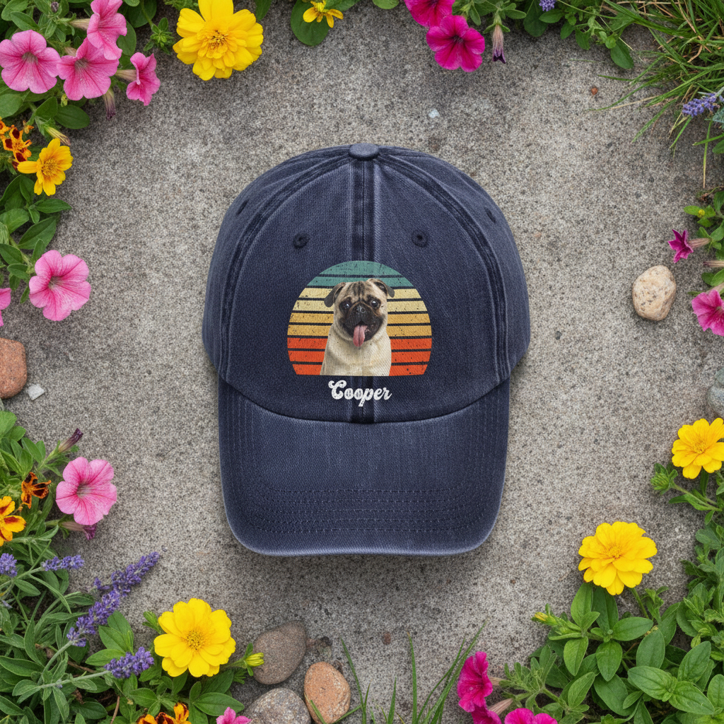 Custom Photo Dog Vintage Retro Washed Denim Baseball Cap Ha75 W35YZ