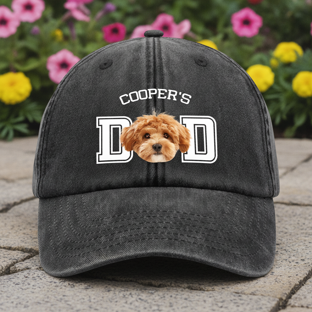 Custom Photo Dog Cat Dad Washed Denim Baseball Cap Ha75 DSMCC