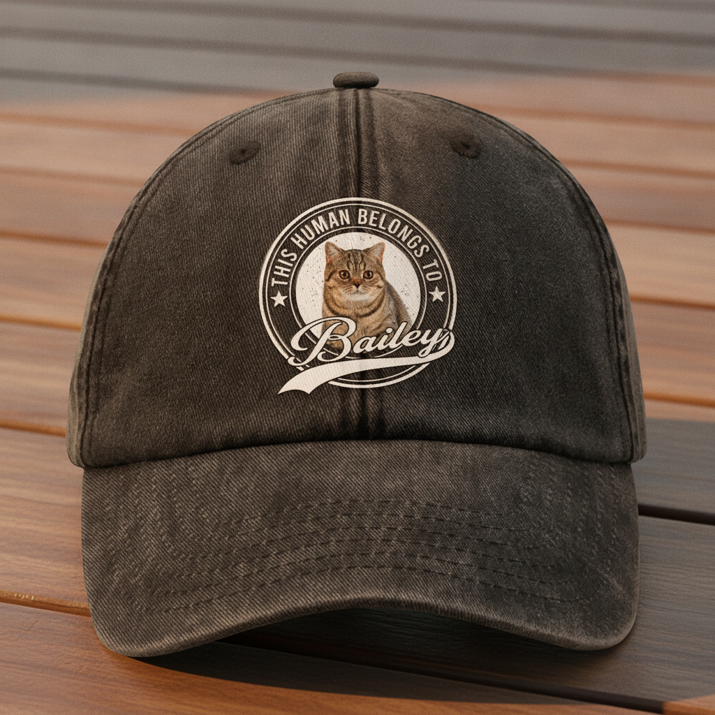 Custom Photo Human Belongs To Cat Washed Denim Baseball Cap Ha75 B2KAR