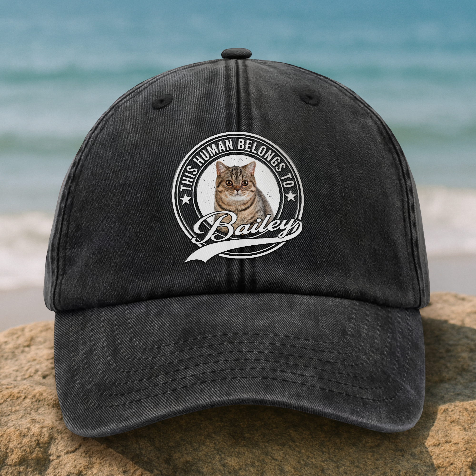 Custom Photo Human Belongs To Cat Washed Denim Baseball Cap Ha75 B2KAR