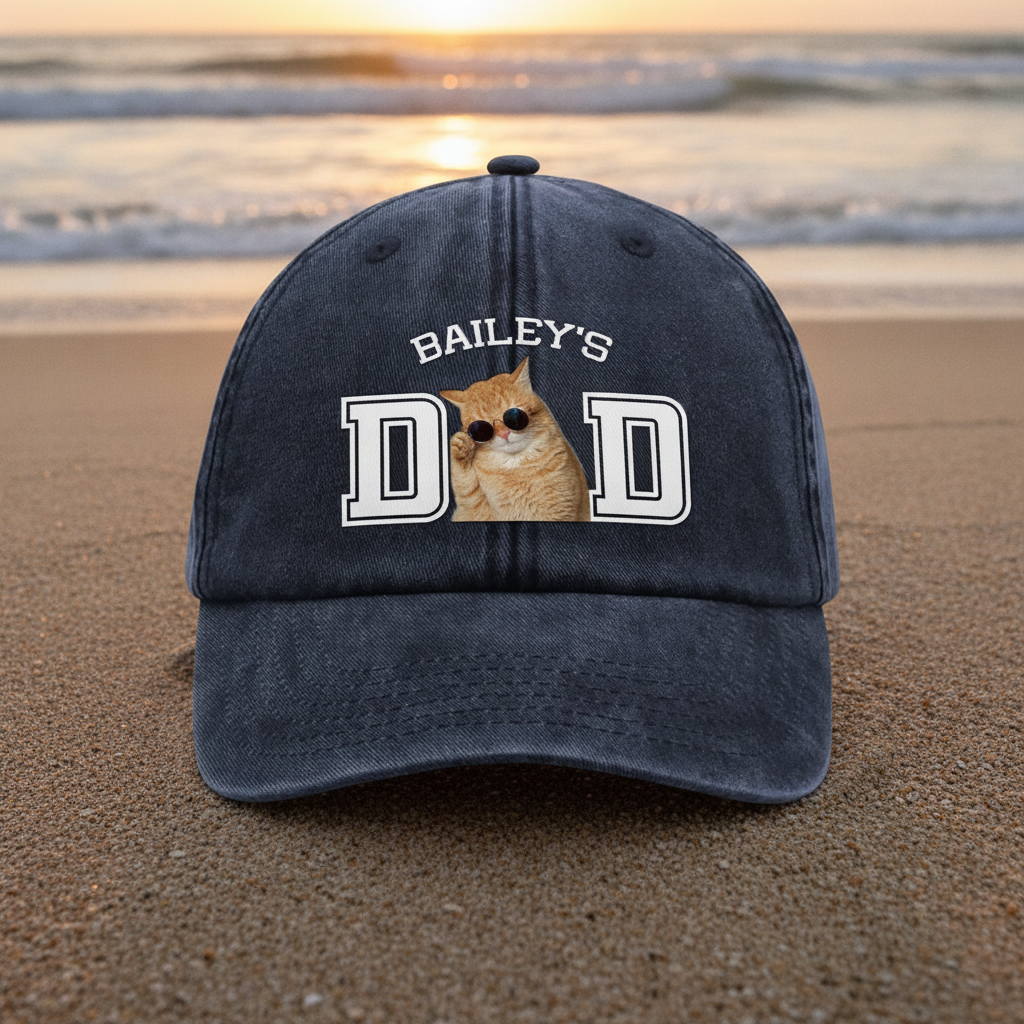 Custom Photo Dog Cat Dad Washed Denim Baseball Cap Ha75 4JKSN