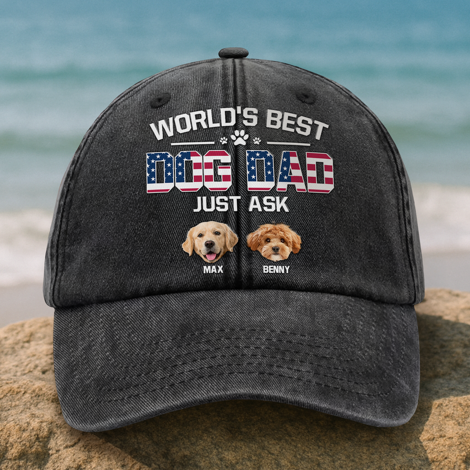Custom Photo American Best Dog Dad Washed Denim Baseball Cap Ha75 JRYFA