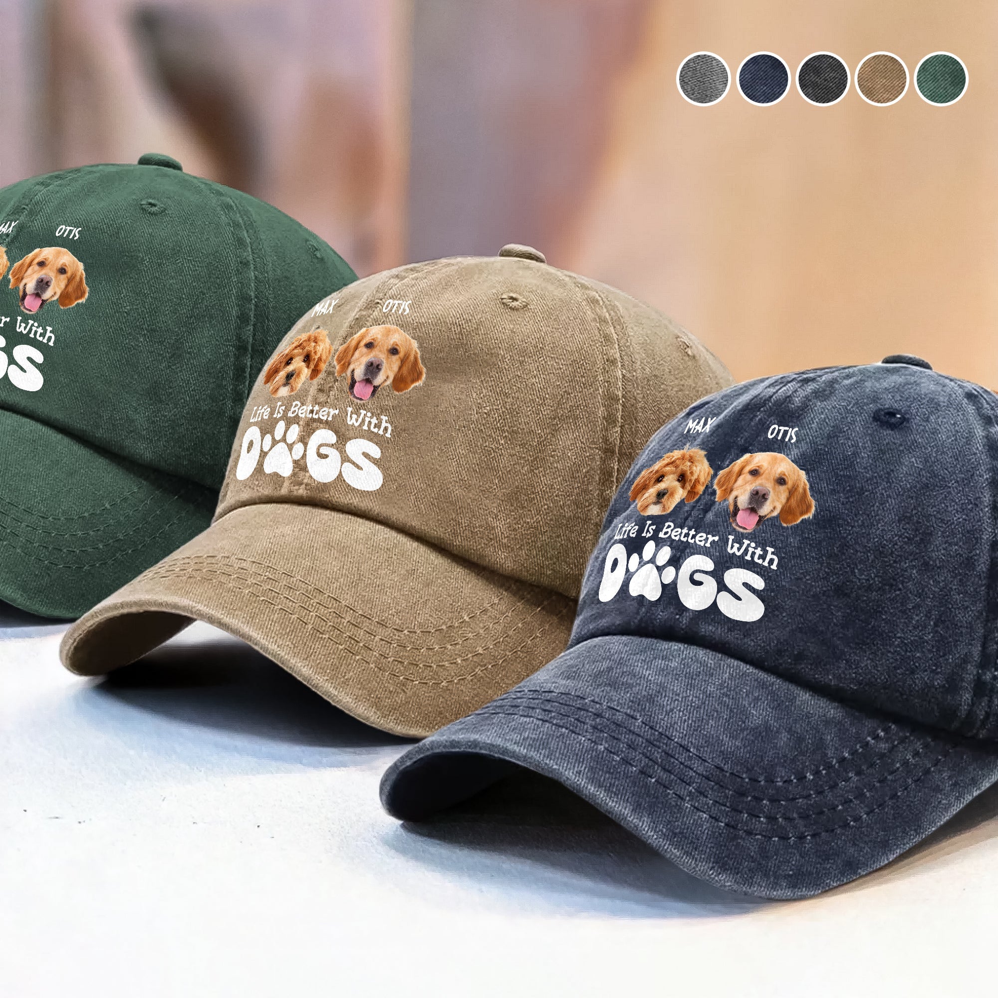 Custom Photo Life Is Better With Dogs Washed Denim Baseball Cap Ha75 UQ3G3