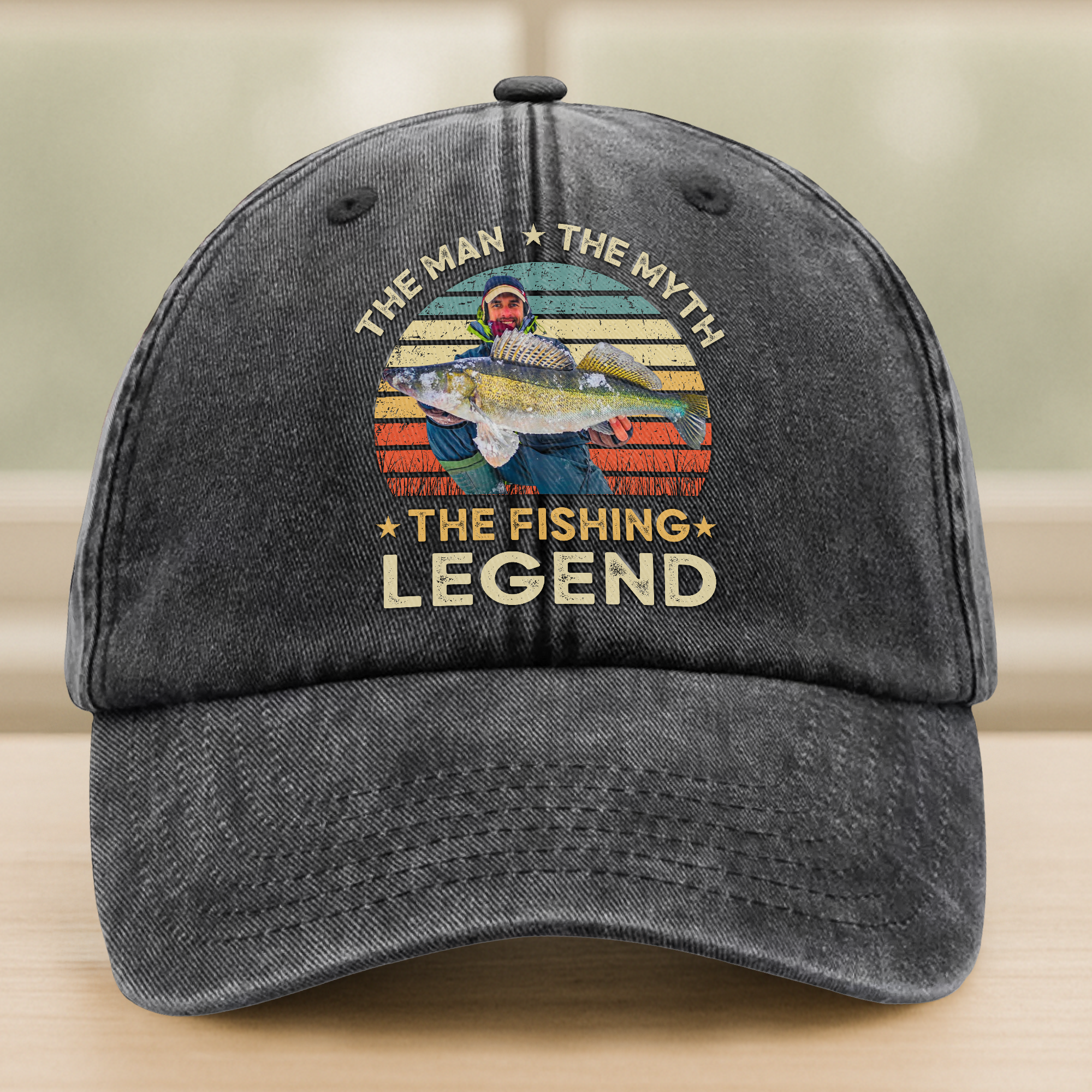 Custom Photo The Fishing Legend Washed Denim Baseball Cap Ha75 BMUW2