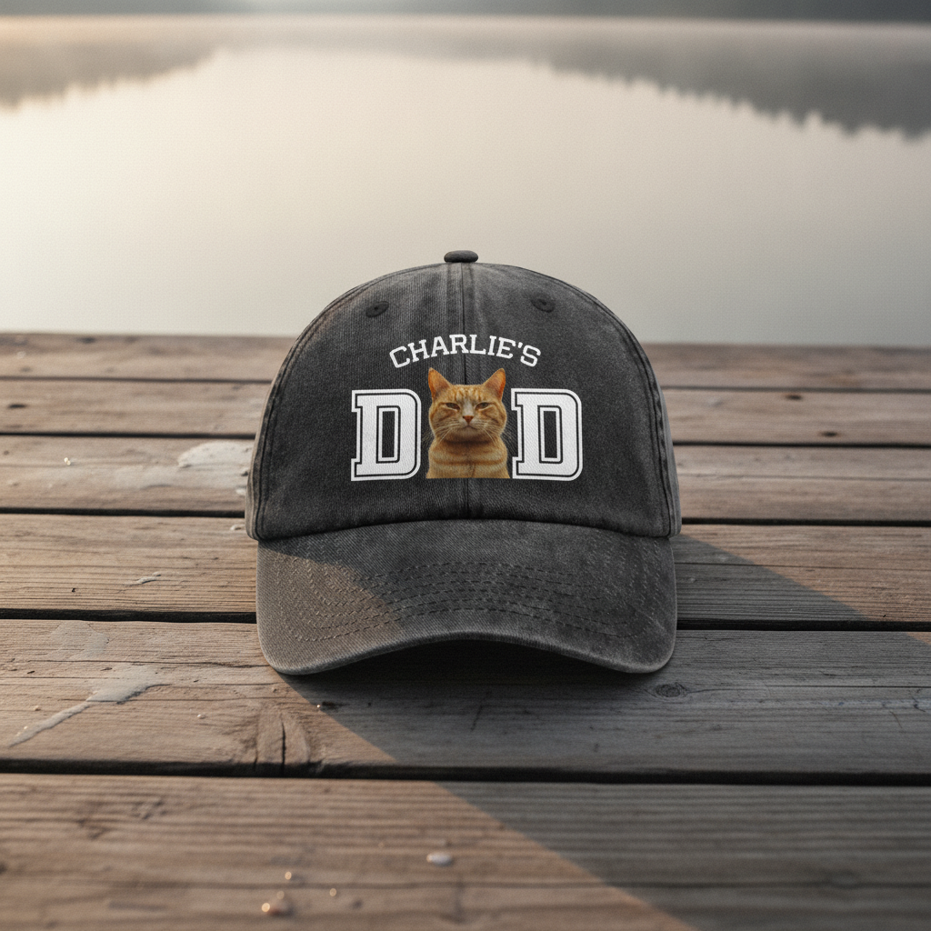 Custom Photo Cat Dad, Cat Mom Washed Denim Baseball Cap Ha75 HG3ZB