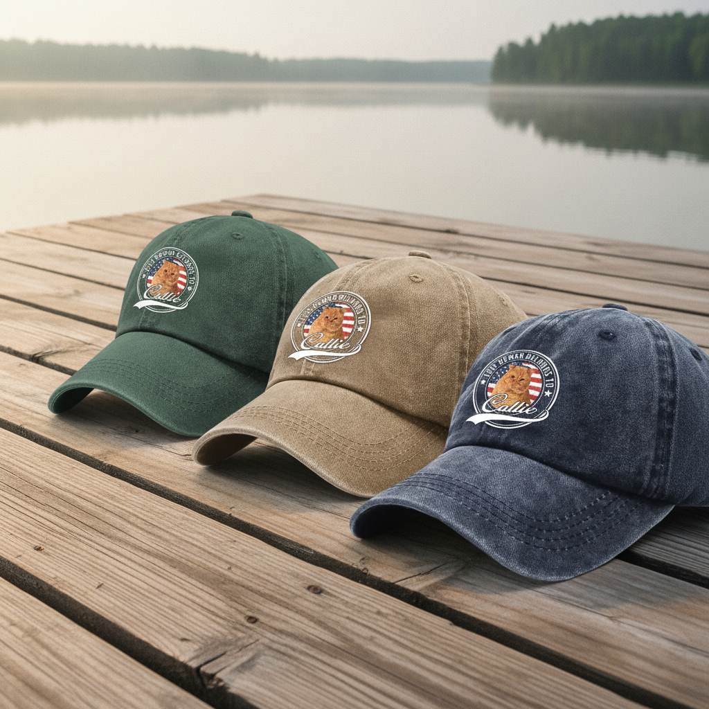 Custom Photo Human Belongs To Cat Washed Denim Baseball Cap Ha75 B2KAR
