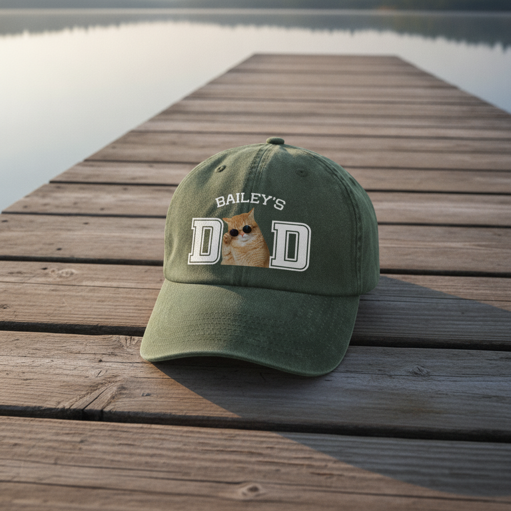 Custom Photo Dog Cat Dad Washed Denim Baseball Cap Ha75 DSMCC