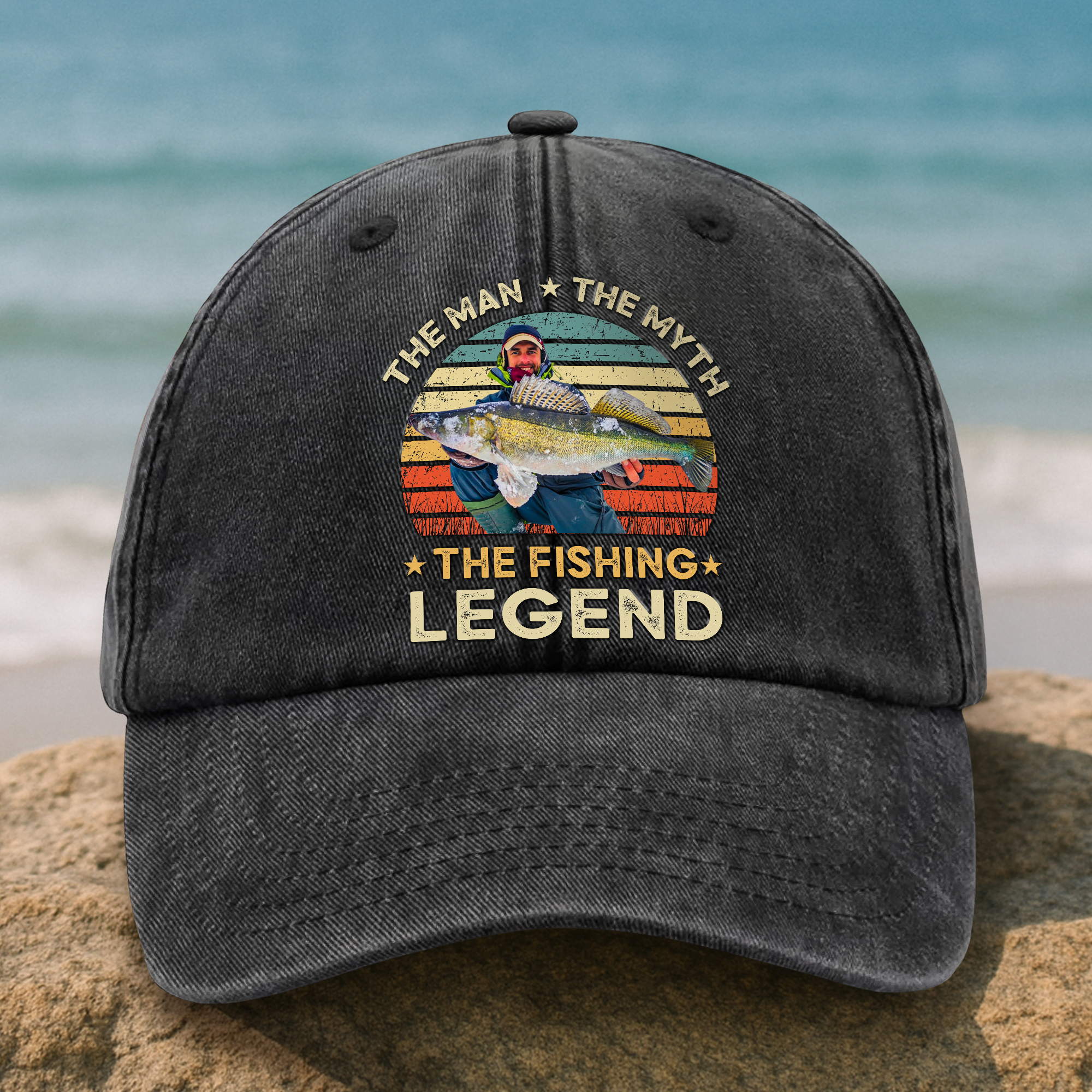 Custom Photo The Fishing Legend Washed Denim Baseball Cap Ha75 BMUW2
