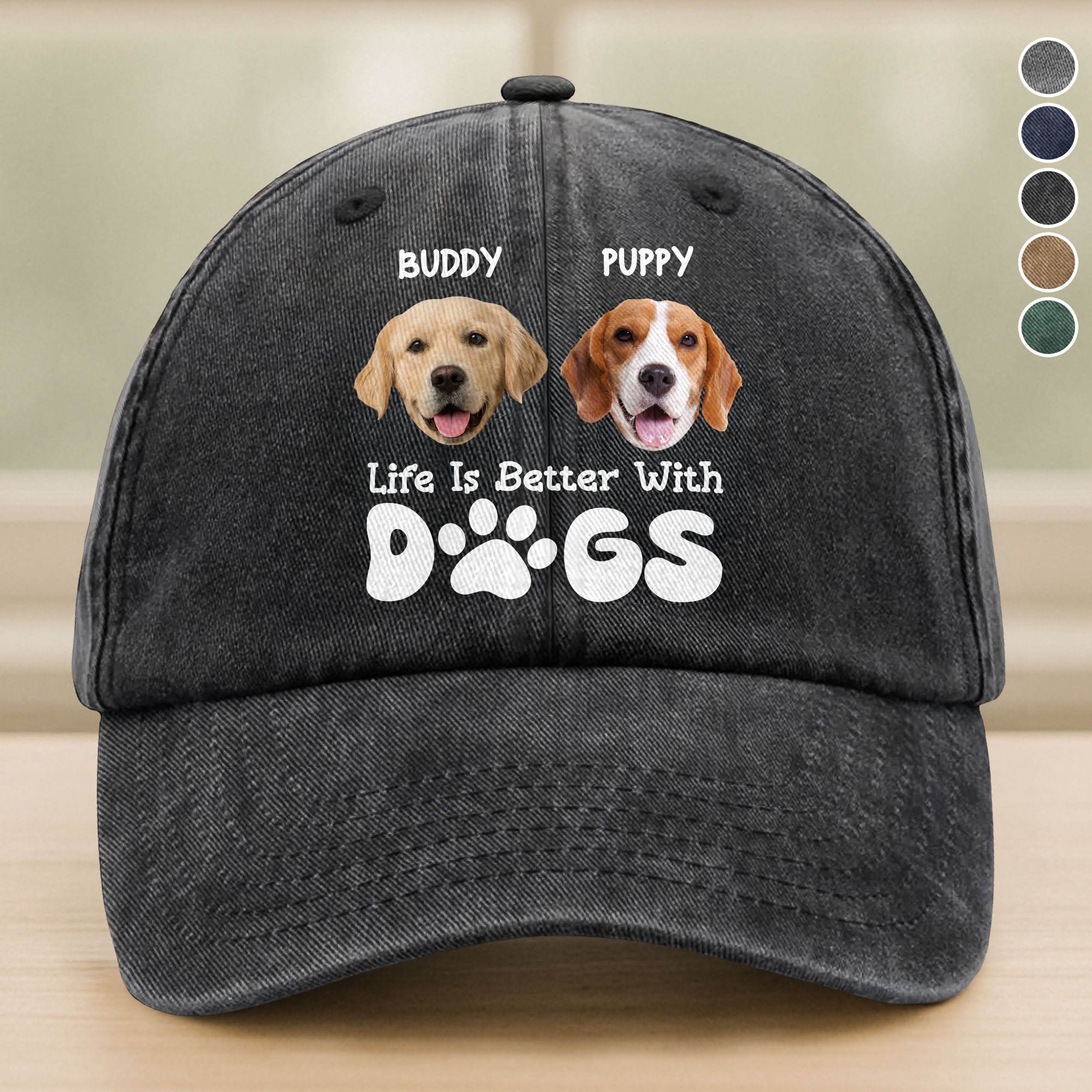 Custom Photo Life Is Better With Dogs Washed Denim Baseball Cap Ha75 UQ3G3