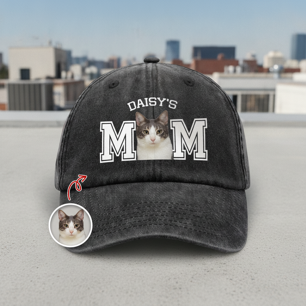 Custom Photo Cat Dad, Cat Mom Washed Denim Baseball Cap Ha75 HG3ZB