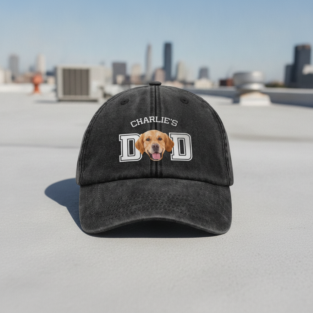 Custom Photo Dog Cat Dad Washed Denim Baseball Cap Ha75 DSMCC