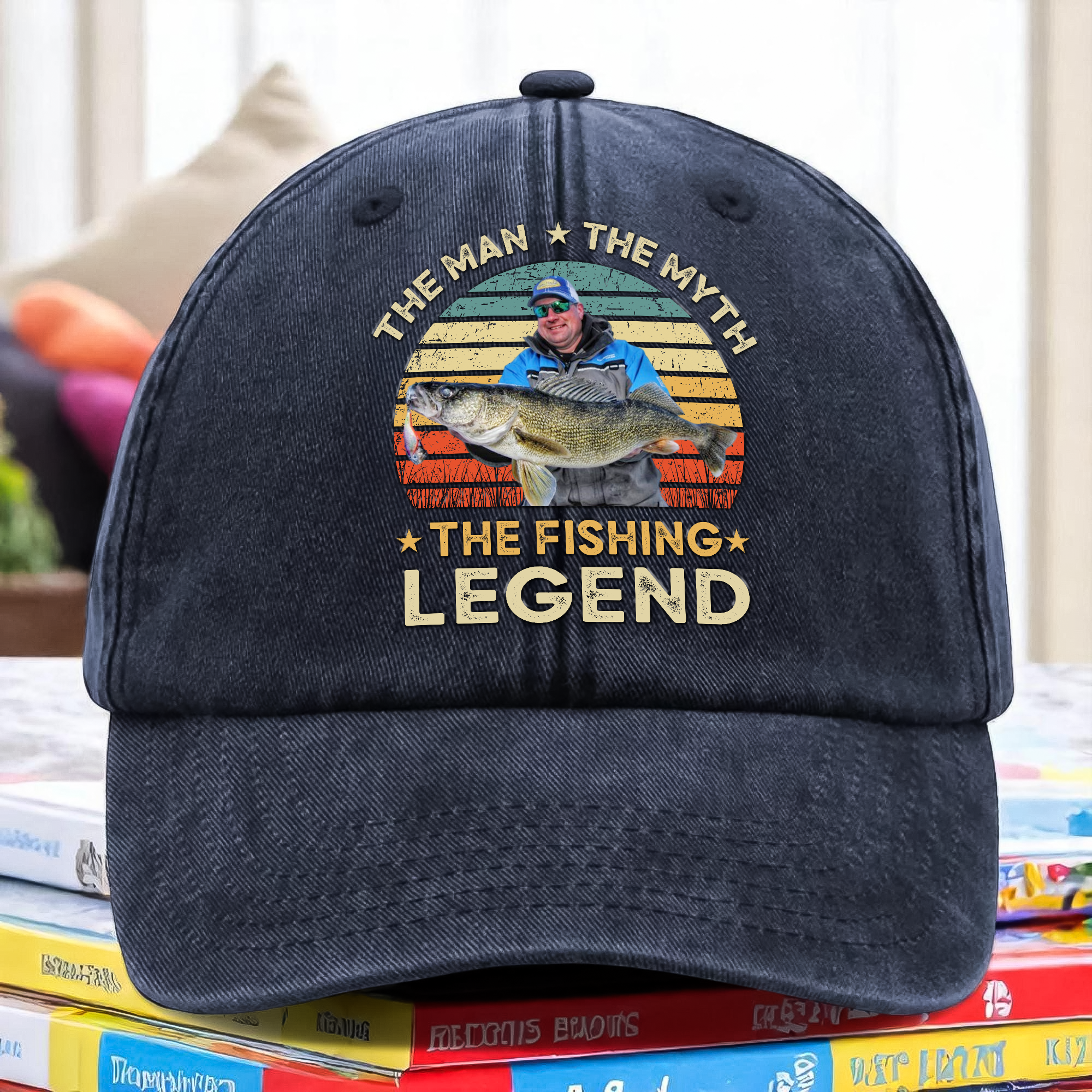 Custom Photo The Fishing Legend Washed Denim Baseball Cap Ha75 BMUW2