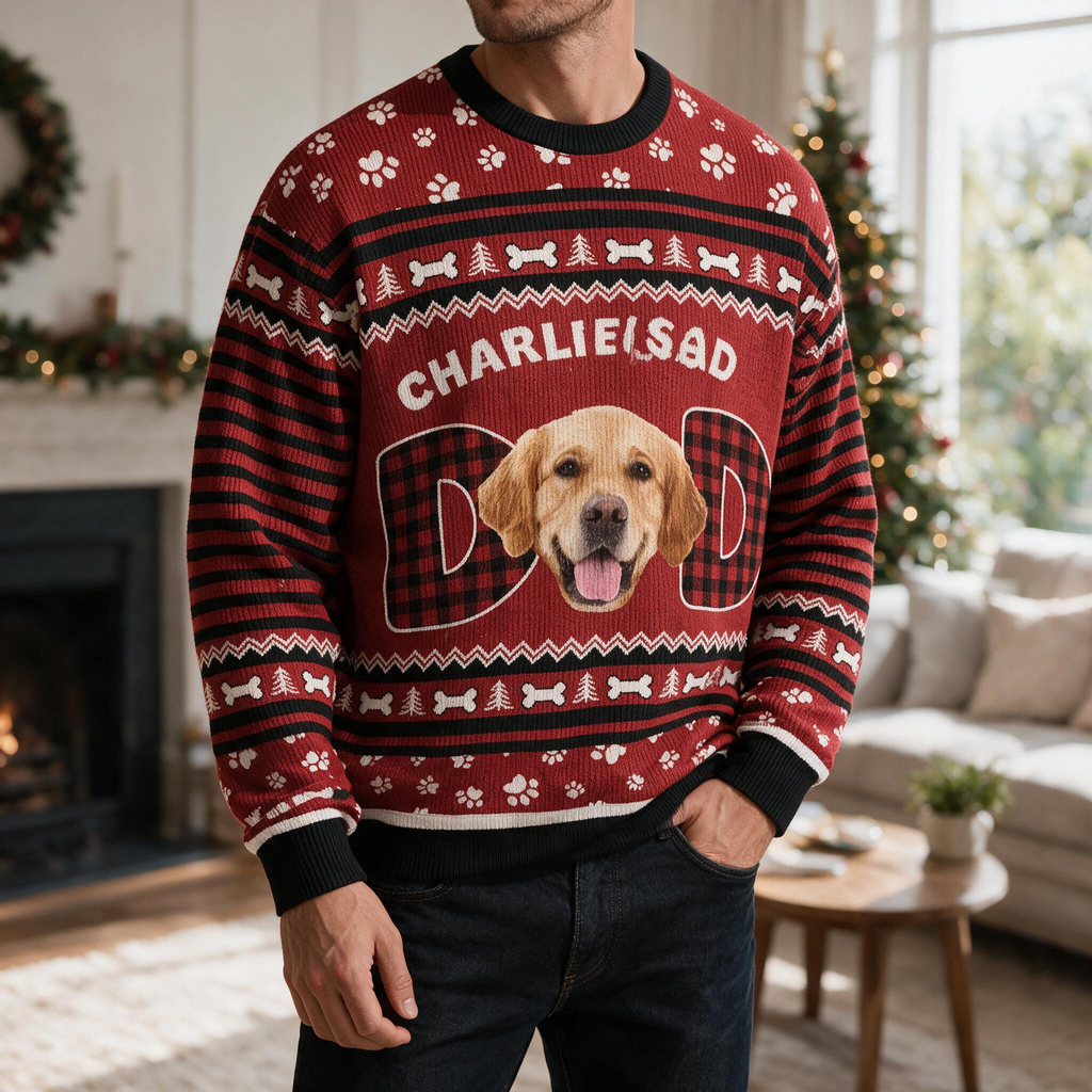 Custom Photo Upload Dog Dad Sweater with Paw Prints & Buffalo Plaid QC624