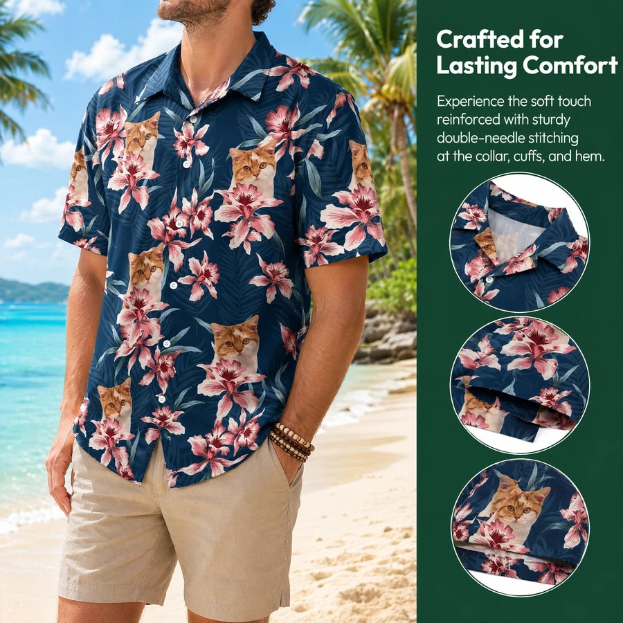 Custom Cat Lily Flowers Hawaiian Shirt - white background product photo