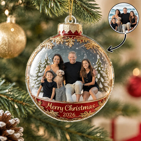 Custom Photo Upload Acrylic Ornament with Winter Scene & Gold Accents PWFAO