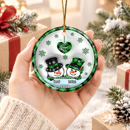 Custom Personalized Ceramic Ornament with Snowman Couple & Buffalo Plaid JGS8G