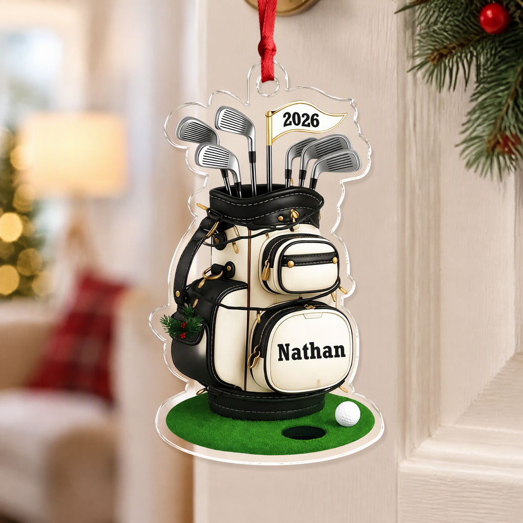 Custom Personalized Acrylic Ornament with Golf Bag & Christmas Lights 5YV5X