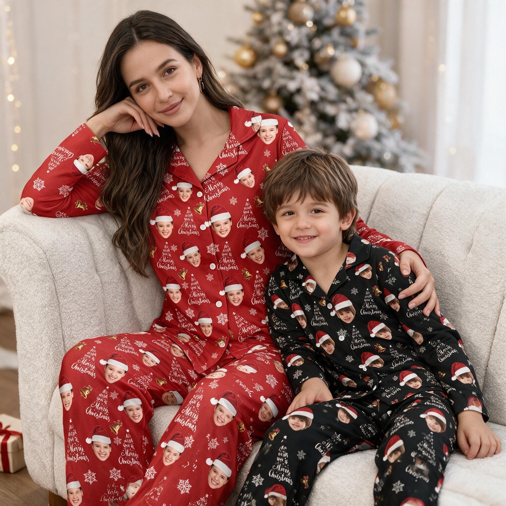 Custom Photo Pajama Set with Merry Christmas & Snowflakes KCM6S