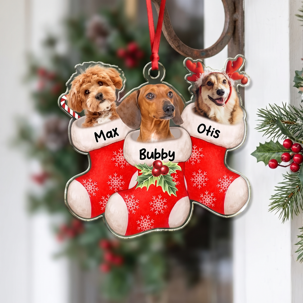 Custom Photo Upload Acrylic Ornament with Red Stocking & Snowflakes ZVVB2