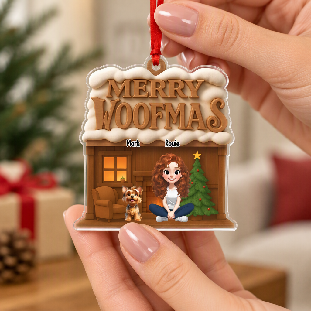 Custom Personalized Acrylic Ornament with Merry Woofmas Dog House V28FG