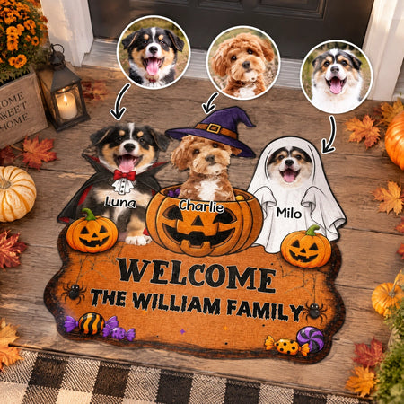 Custom Photo Upload Doormat with Halloween Dogs & Pumpkins MPAR6