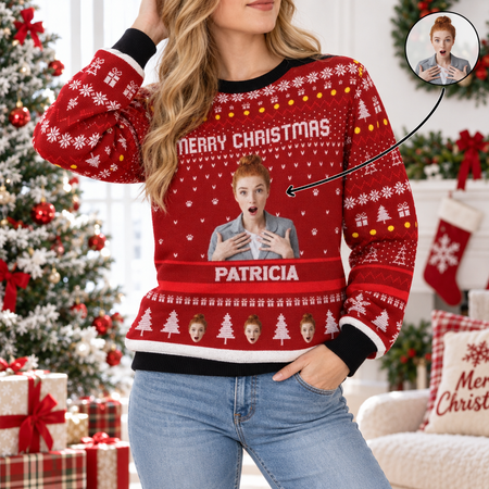 Custom Photo Upload Merry Christmas Sweater with Festive Pattern U73QM