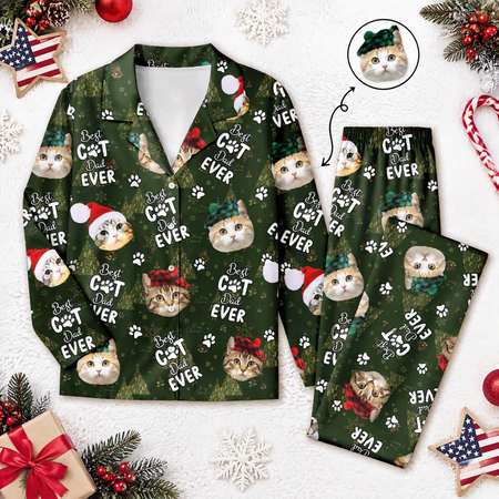 Custom Photo Upload Best Cat Dad Ever Christmas Pajamas CCPQP