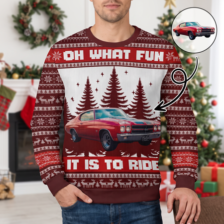 Custom Photo Upload Sweater with Oh What Fun It Is To Ride Text E8CNV