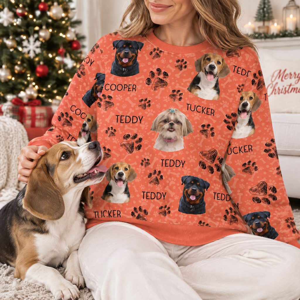 Custom Photo Upload Sweatshirt with Dog Portraits & Paw Prints EX8XH