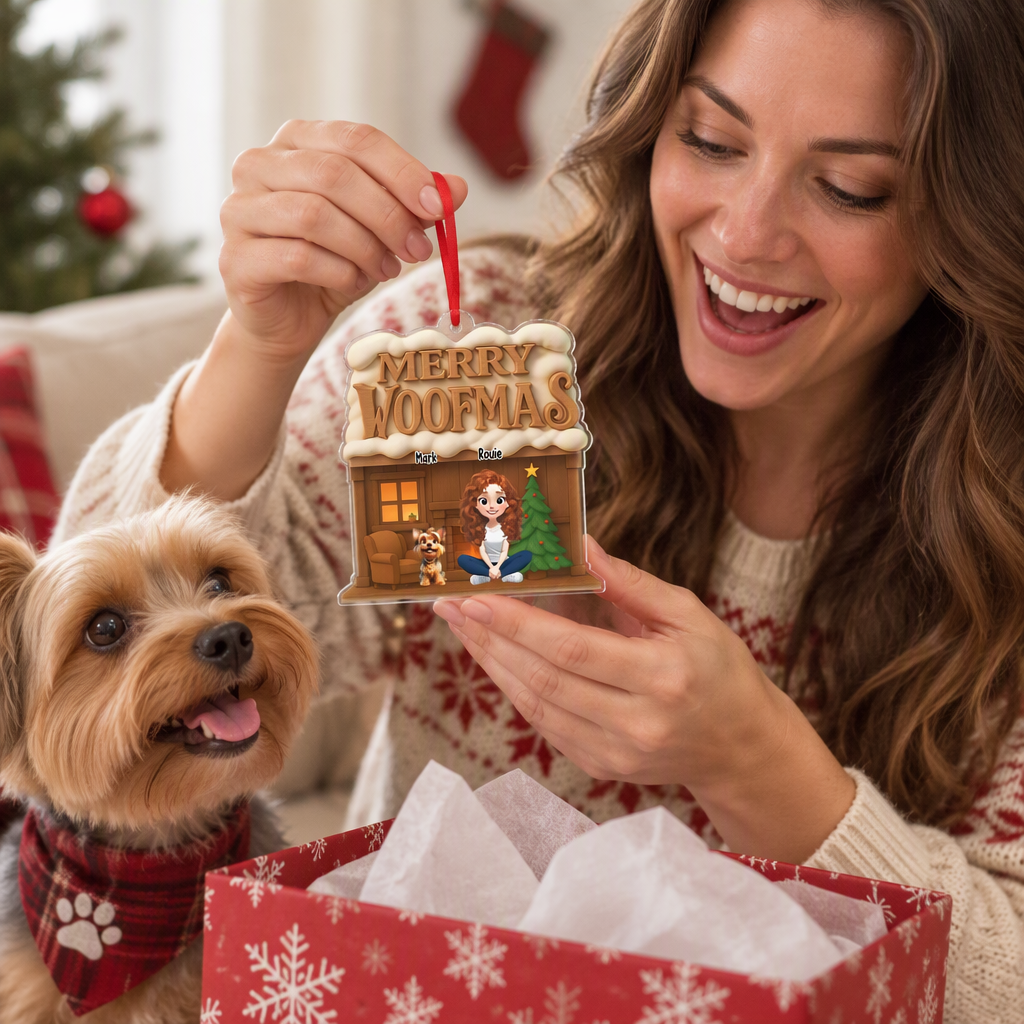 Custom Personalized Acrylic Ornament with Merry Woofmas Dog House V28FG