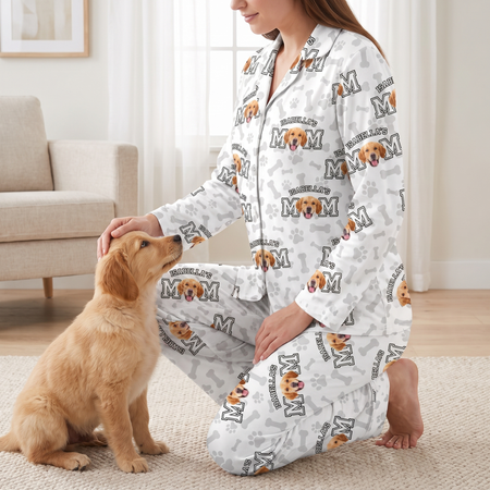 Custom Photo Upload Pajamas with Dog Mom and Paw Print Pattern G84JW