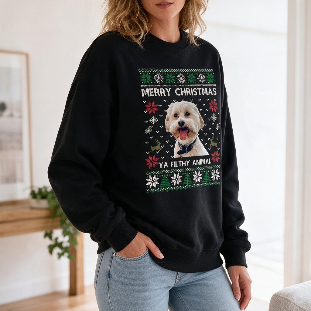 Custom Photo Ugly Christmas Ya Filthy Animal Dog Cat Sweatshirt, Dog Lover Sweater Christmas CVUFA