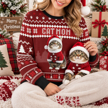 Custom Photo Upload Cat Mom Ugly Christmas Sweater with Santa Cat DXCDZ
