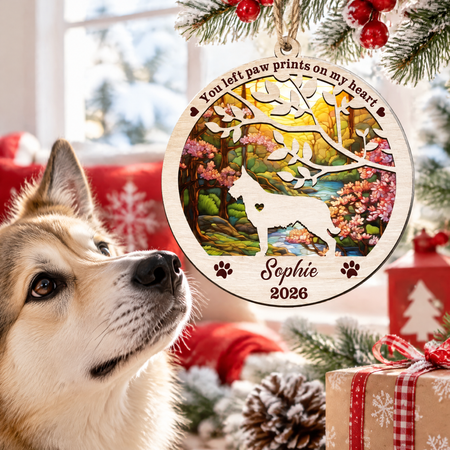 Custom Personalized Suncatcher Ornament with Rainbow Mosaic Tree & Dog P65ZC