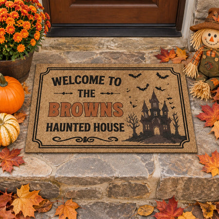 Custom Personalized Haunted House Doormat with Bats & Spooky Castle 7I31T