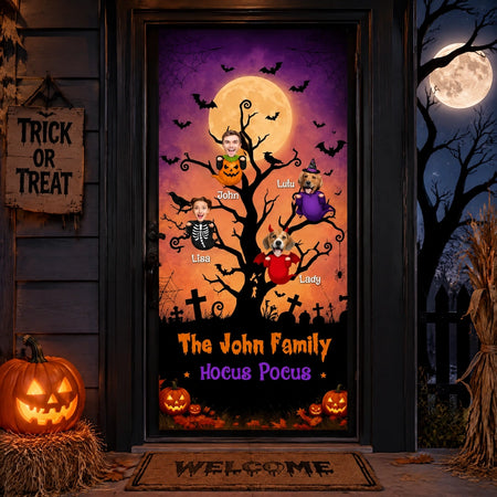 Custom Photo Upload Halloween Door Cover with Spooky Tree & Bats J5NUD