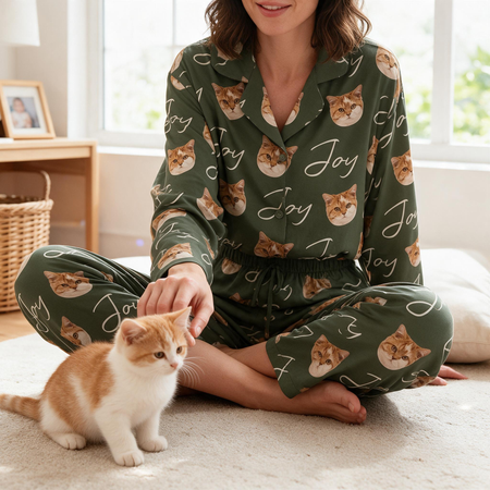 Custom Photo Upload Pajamas with Cat Faces & Joy Text HVDFL