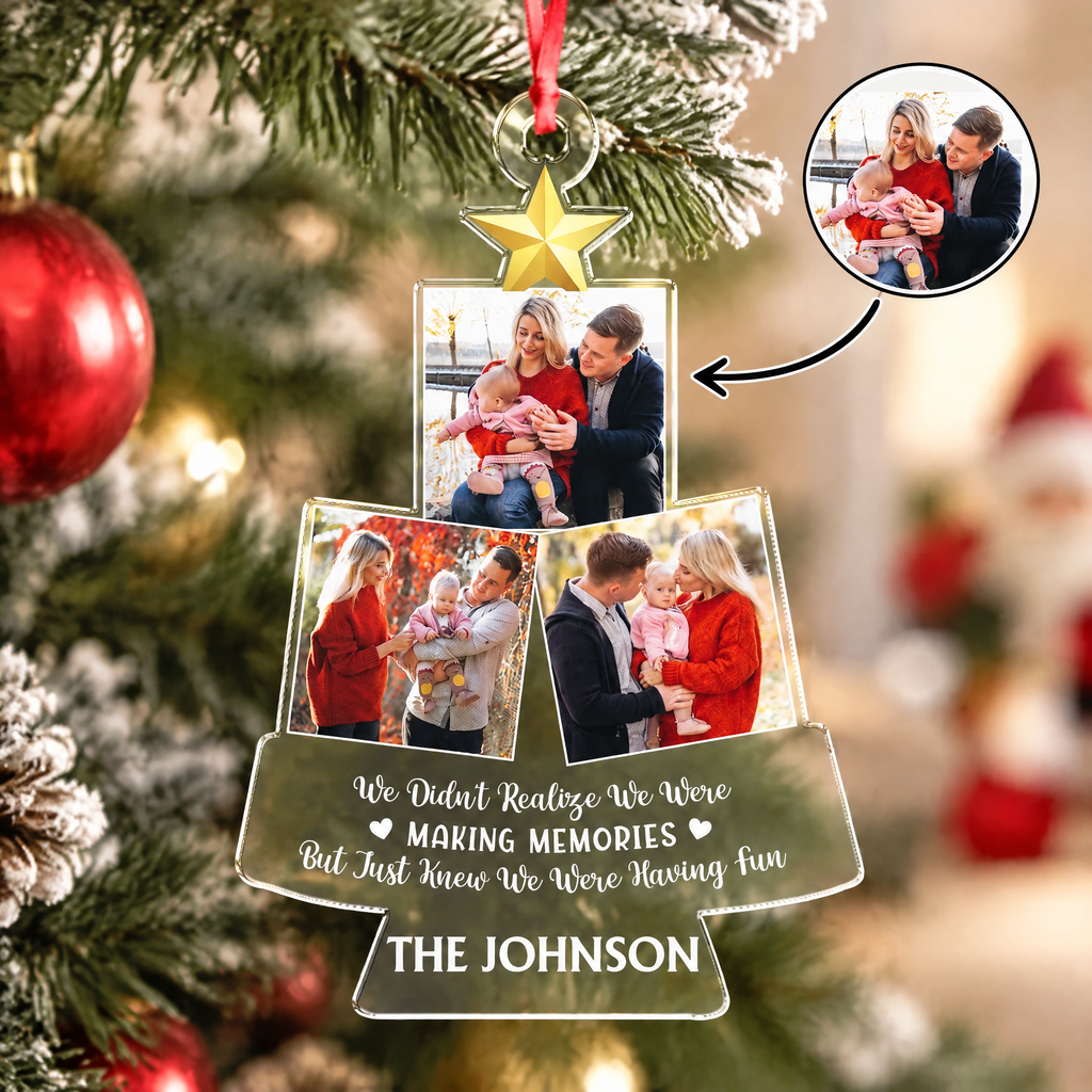 Custom Photo Upload Acrylic Ornament with Christmas Tree & Gold Star HC646