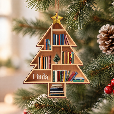 Custom Personalized Wood Ornament with Tree Bookshelf & Star C954X