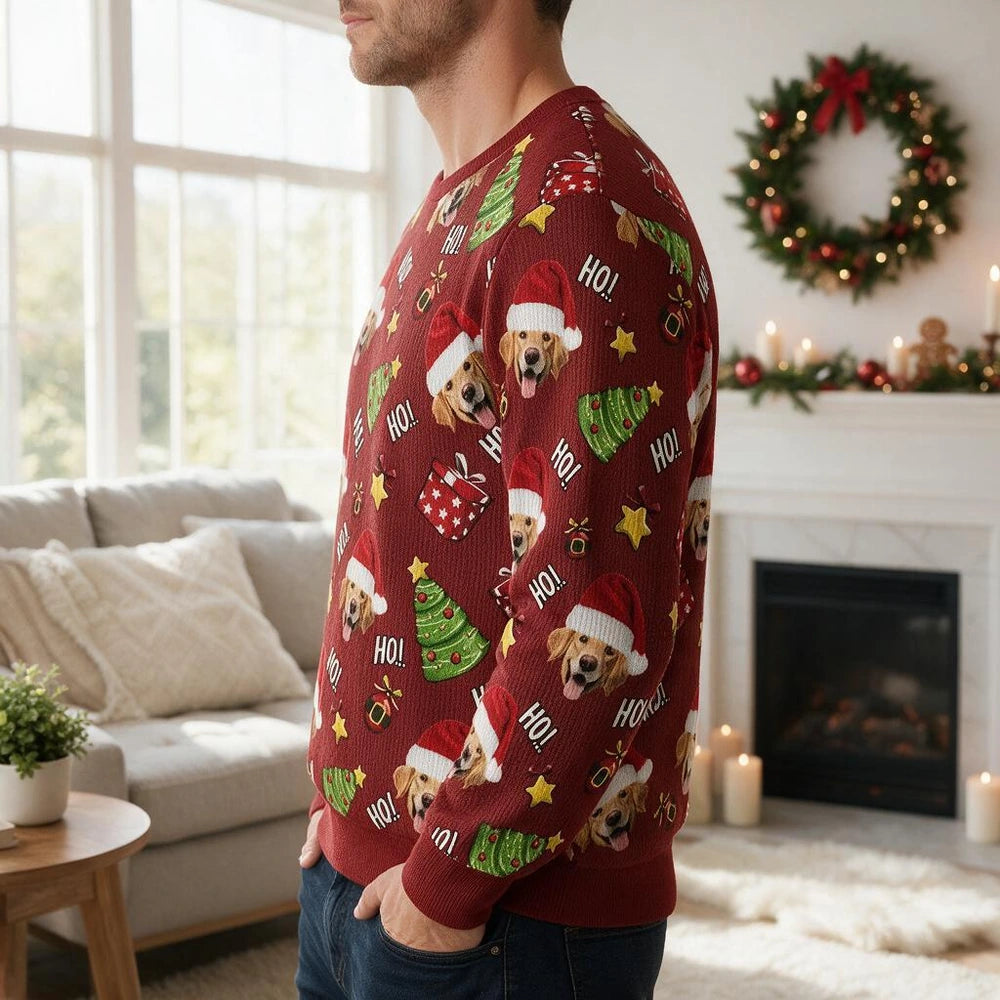 Custom Photo Upload Sweater with Santa Dog and HO! Christmas Pattern PK31S