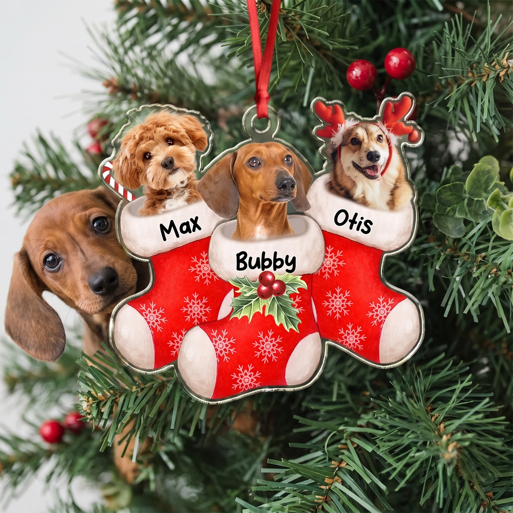 Custom Photo Upload Acrylic Ornament with Red Stocking & Snowflakes ZVVB2