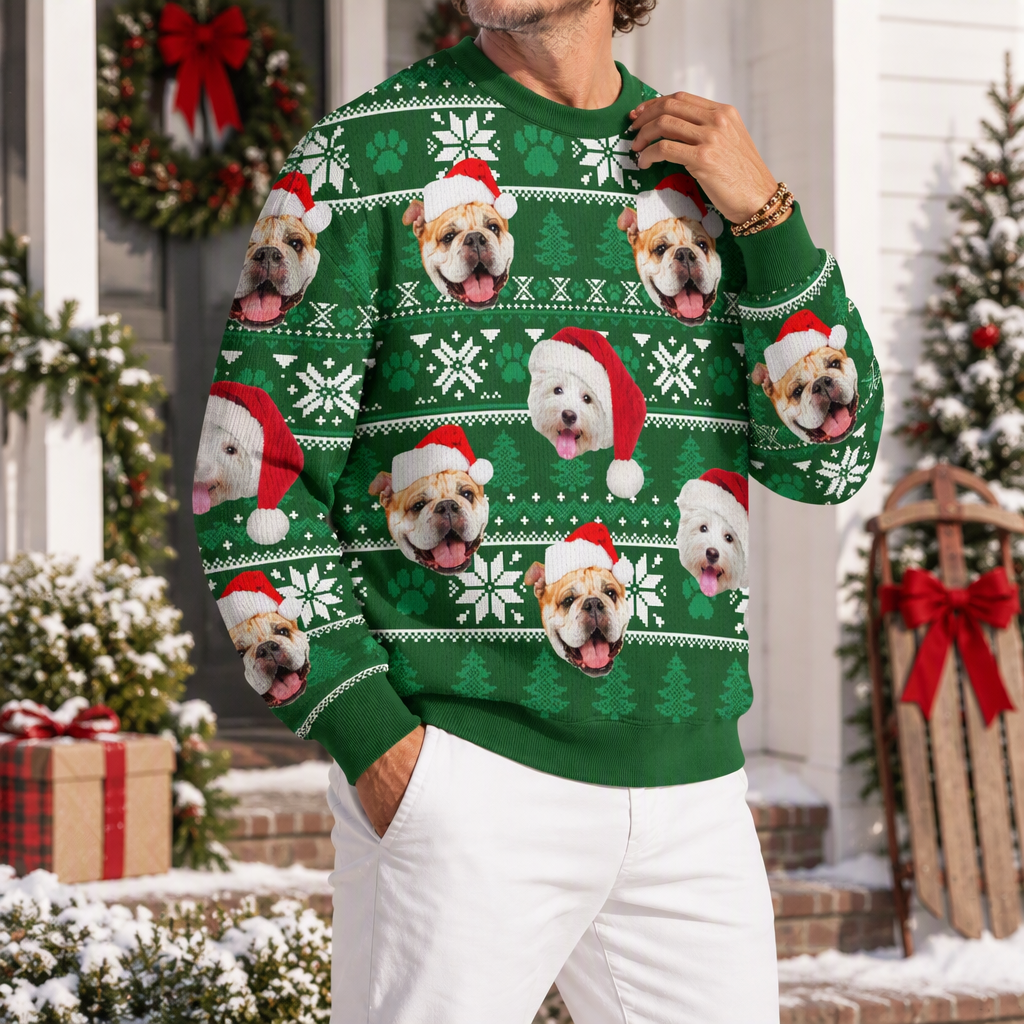 Custom Photo Upload Christmas Sweater with Dogs in Santa Hats KQAAE