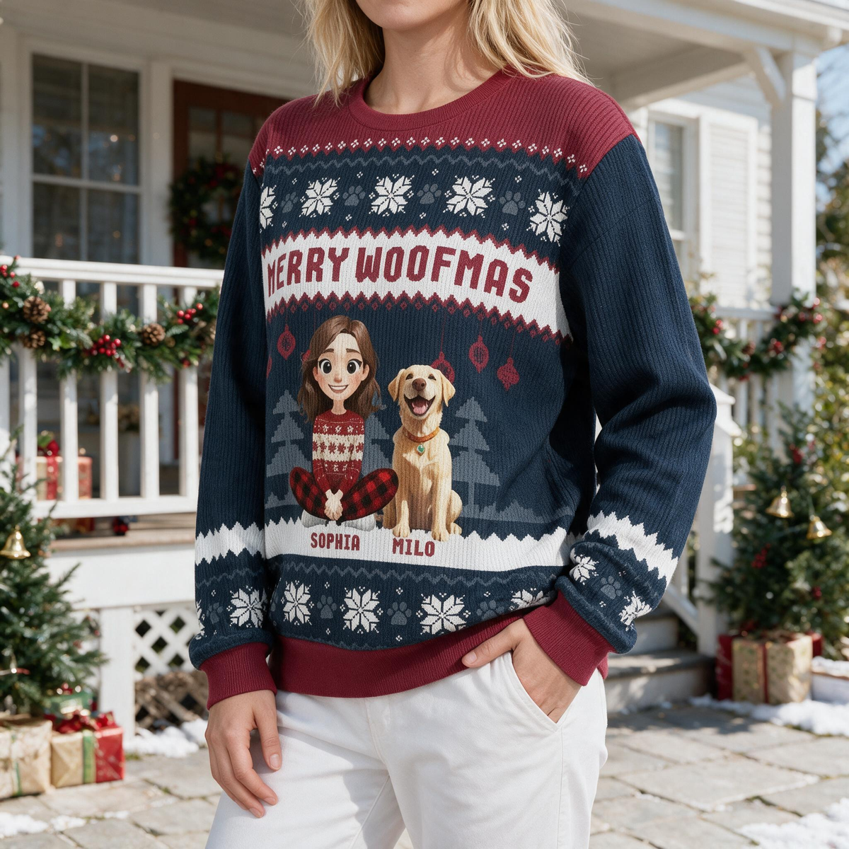 Custom Photo Upload Merry Woofmas Sweater with Snowflakes & Dog WK73A