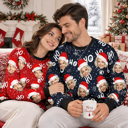 Custom Photo Upload Sweater with Santa Hats and Ho Ho Ho Text KJB99