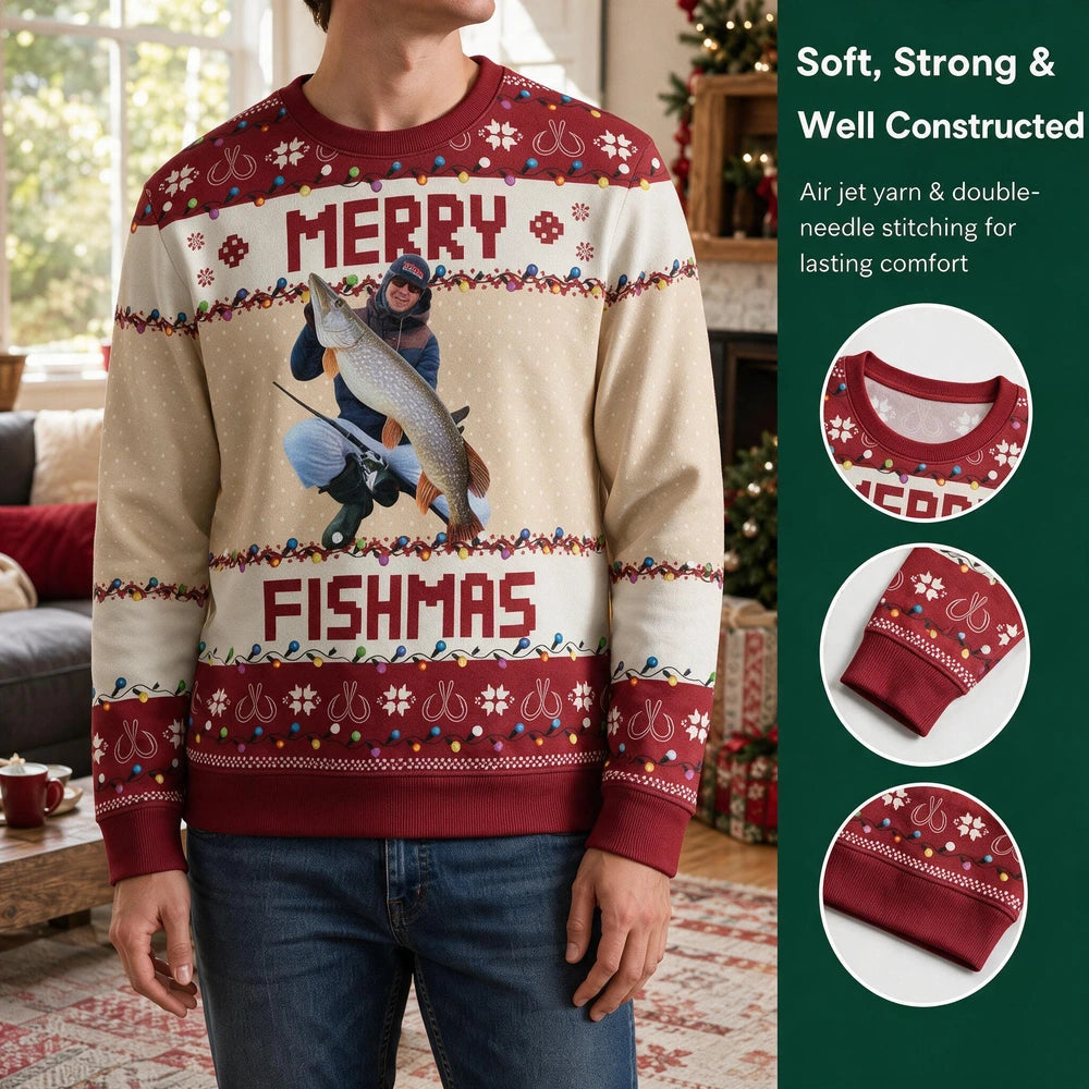 Custom Photo Merry Fishmas Gift For Fishing Lovers Ugly Sweater I694L