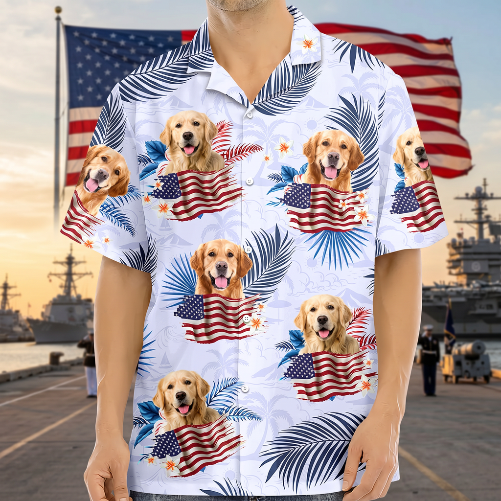 Custom Photo Dog Cat America Flag Hawaiian Shirt