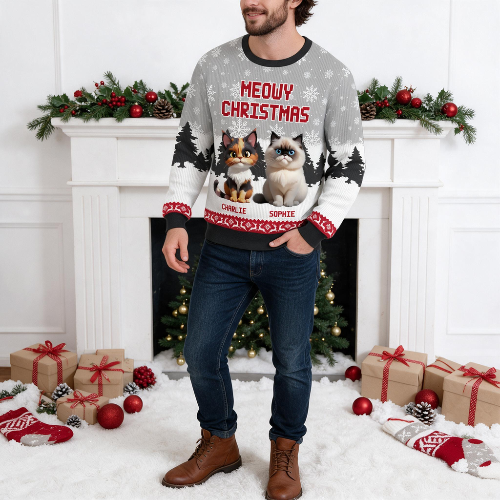 Custom Personalized Meowy Christmas Sweater with Cats & Snowflakes JF6VR