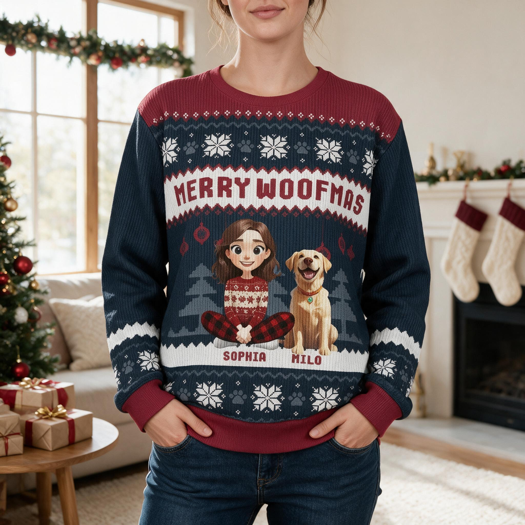 Custom Photo Upload Merry Woofmas Sweater with Snowflakes & Dog WK73A